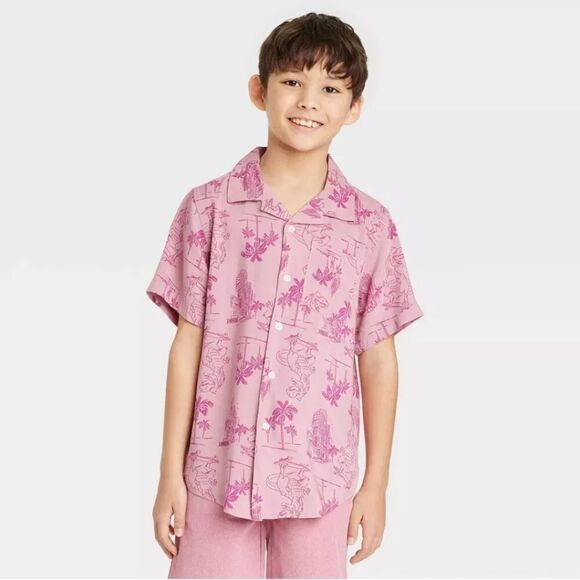 ⬇️⬇️⬇️Boys' Dino Tropical Button-Down Short Sleeve Resort Shirt - Pink - Picture 2 of 4